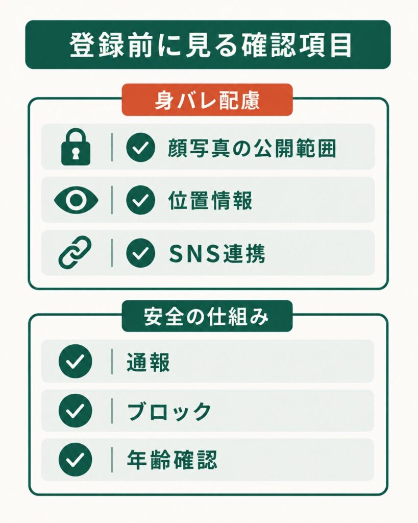 身バレ配慮と安全の仕組みの確認項目リスト図