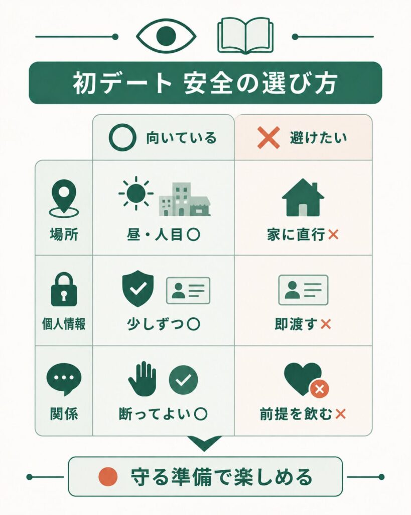 初デートで安全に会うための選び方の対比図