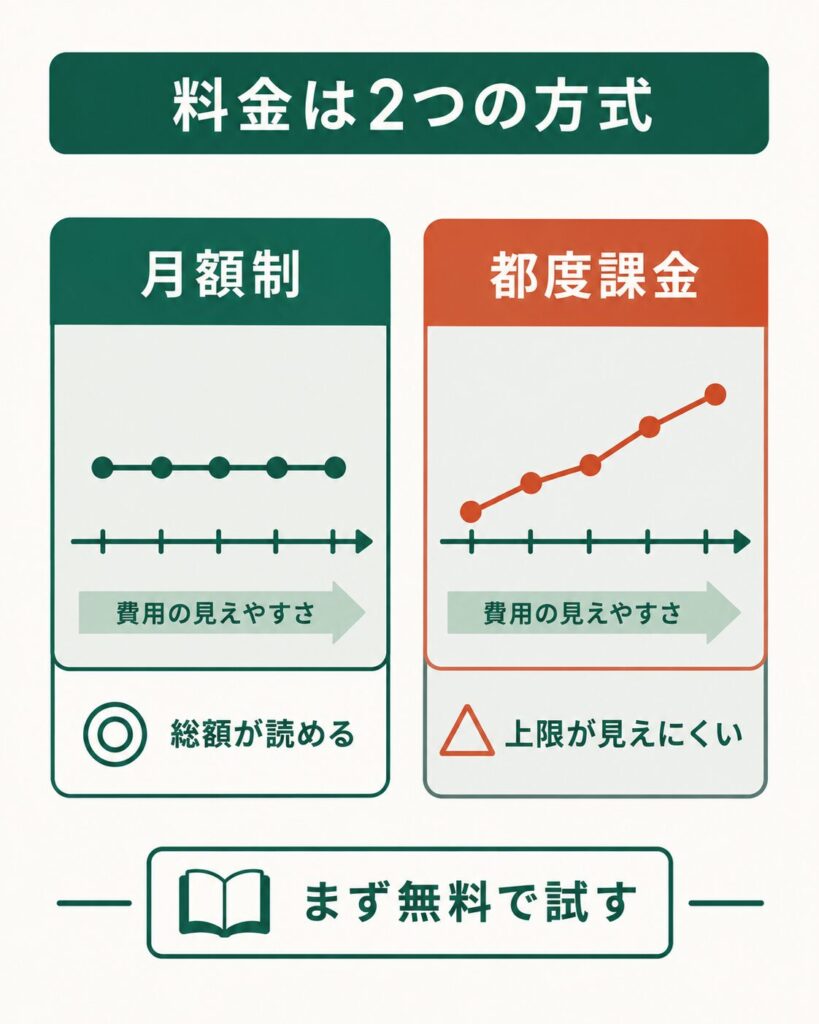 月額制と都度課金を比べた料金方式の比較図
