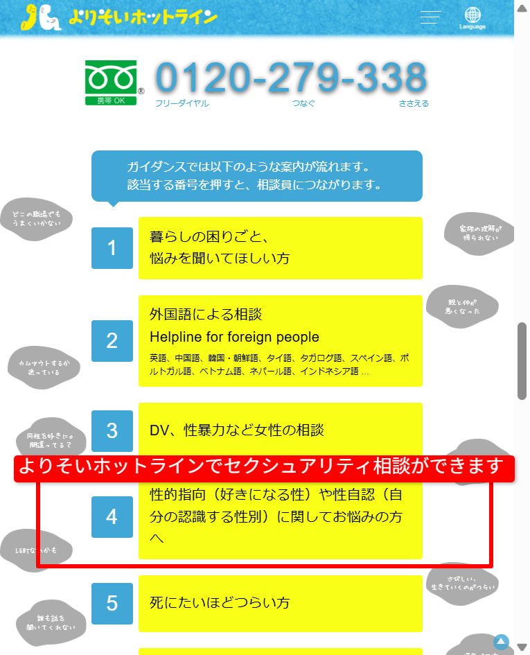 よりそいホットラインのセクシュアリティ相談の案内