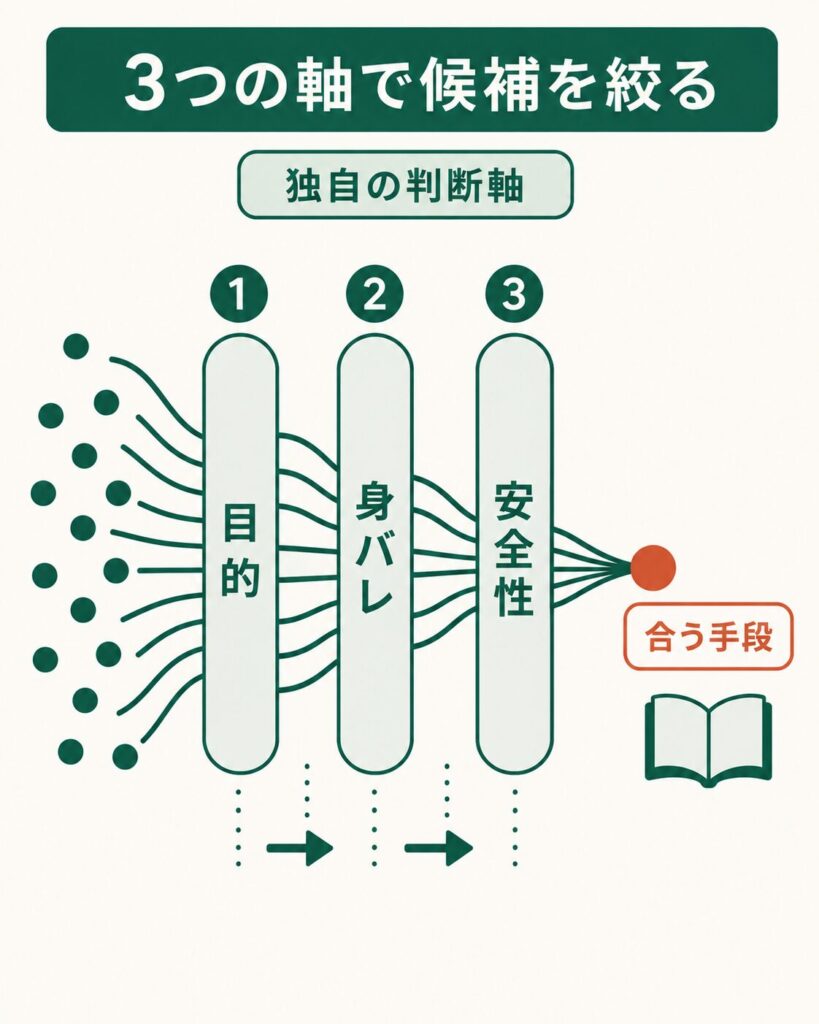 3つの軸で候補を1つに絞り込むフロー図