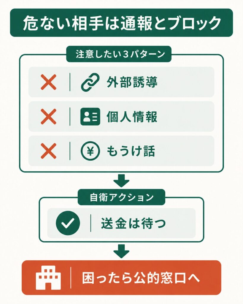 危ない相手の回避と自衛の流れを示した段階図