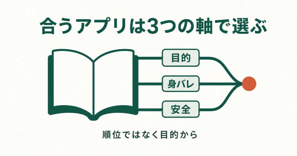アプリ選びを目的・身バレ・安全の3軸で示した図