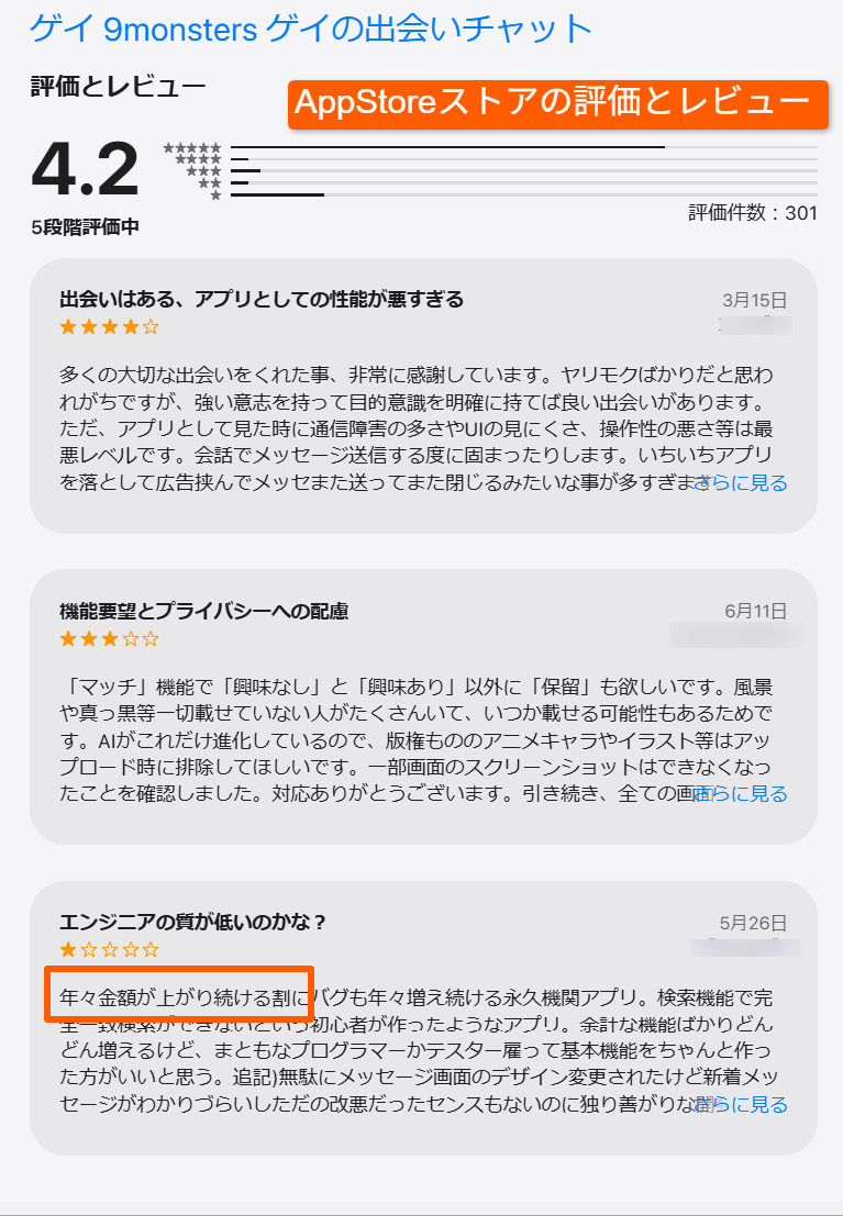 ストアの評価と課金に関する利用者レビュー
