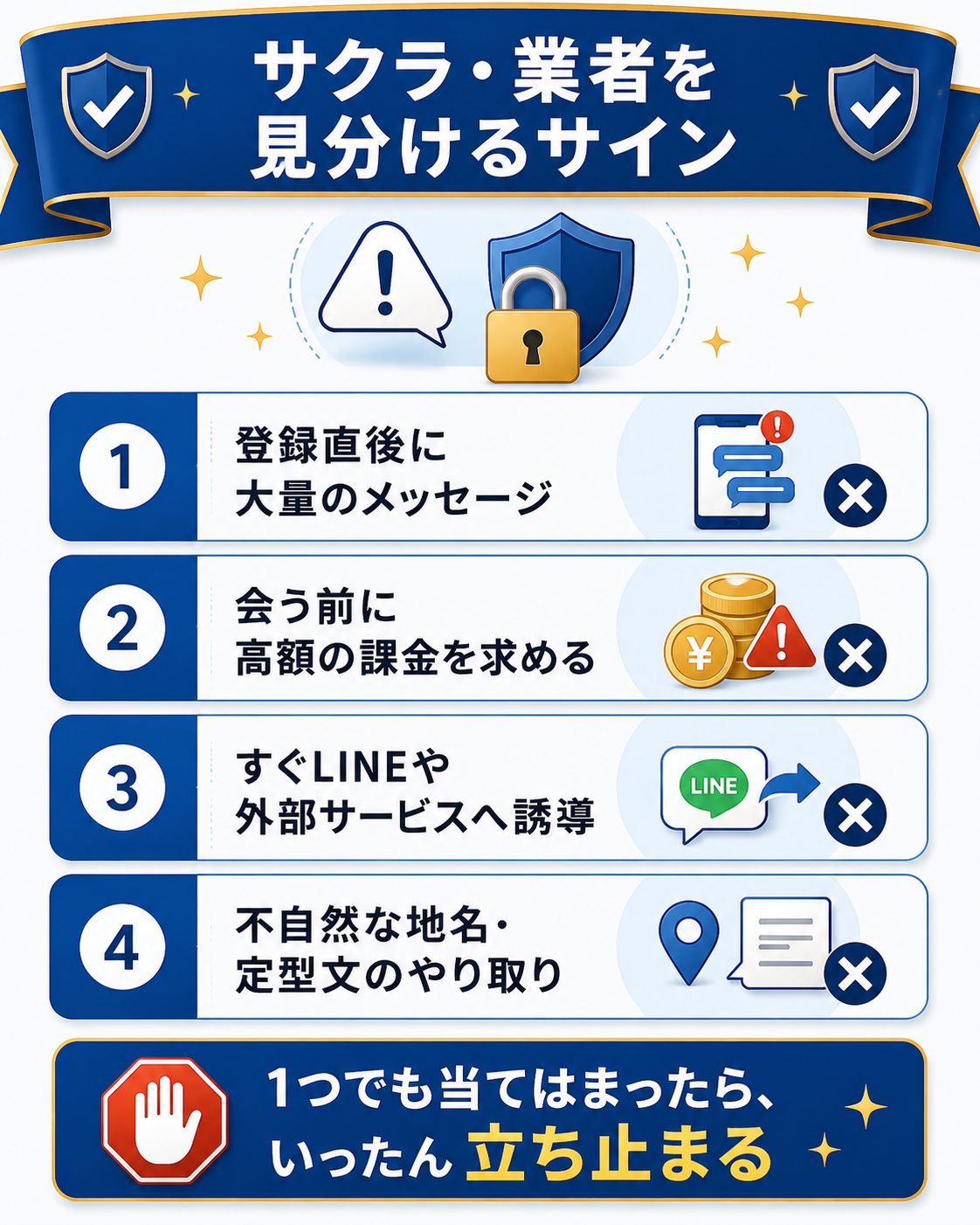 サクラや業者を見分けるサインをまとめた図