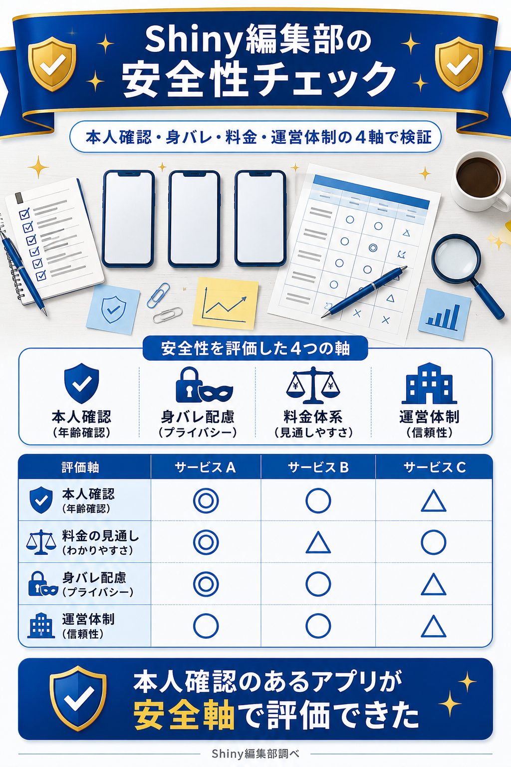 編集部が安全性4軸で3サービスを検証した整理図