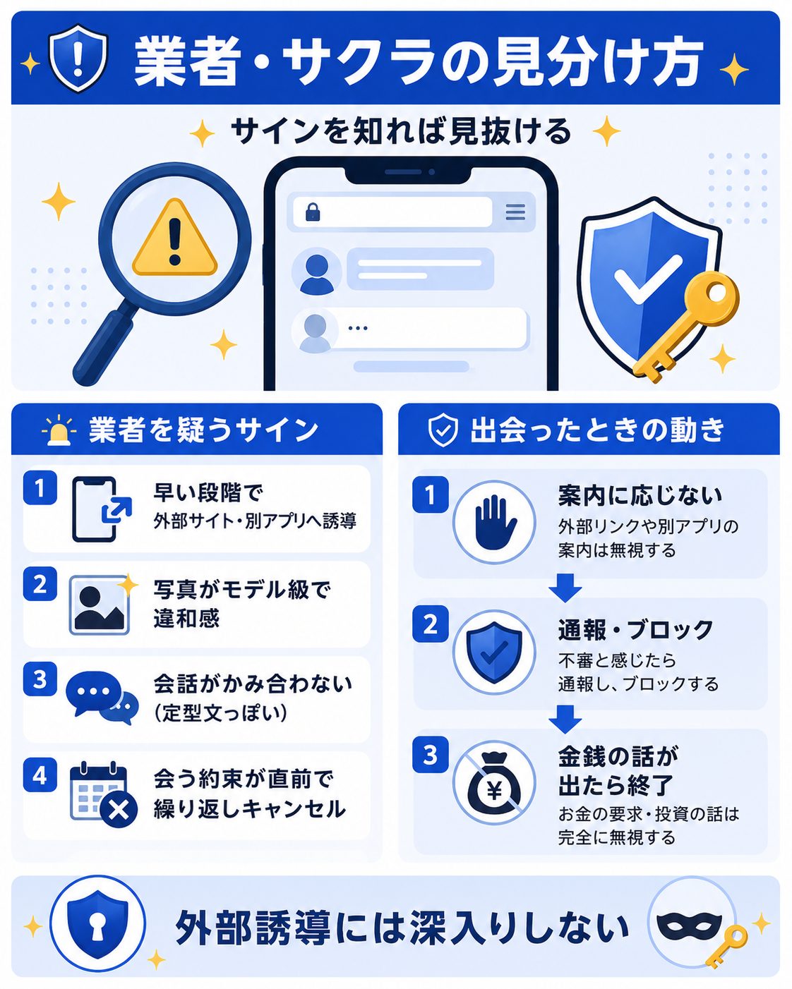 業者・サクラの見分け方と対処を示す図